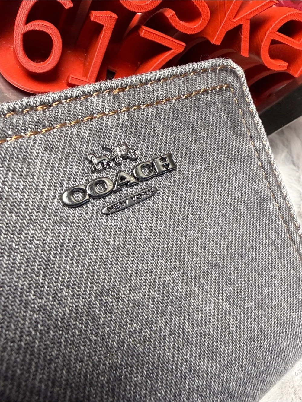 Coach Gray Denim Zip-Around Wallet with Black Trim